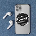 Phone case with 'Sendit' design on a blue fabric background